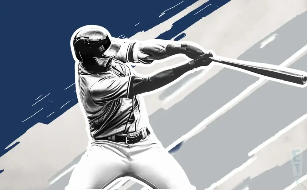 Black and white illustration of a baseball player swinging a bat against a blue and grey background.