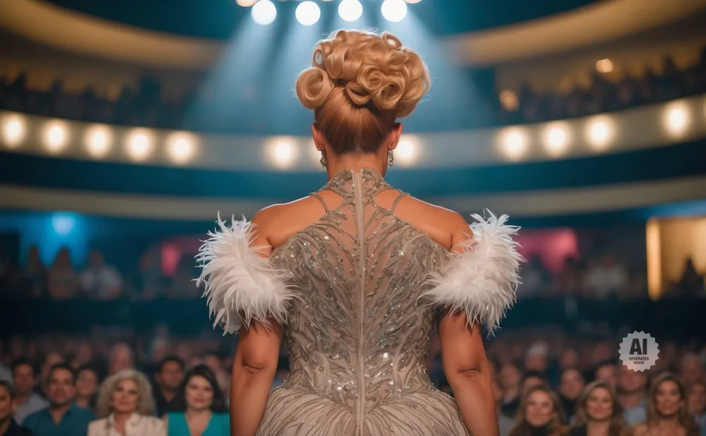 Woman with elaborate blonde updo and feathered gown on stage, facing away from the camera.