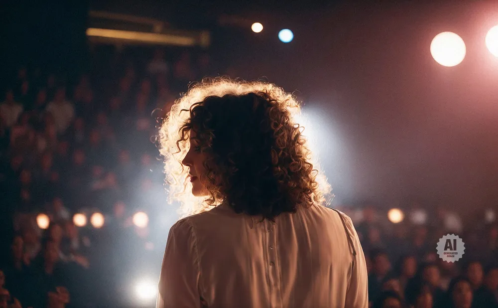 Woman with curly hair illuminated by stage lights, facing a blurred audience.