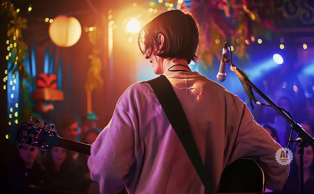 Musician playing guitar on stage with colorful lights and a microphone.