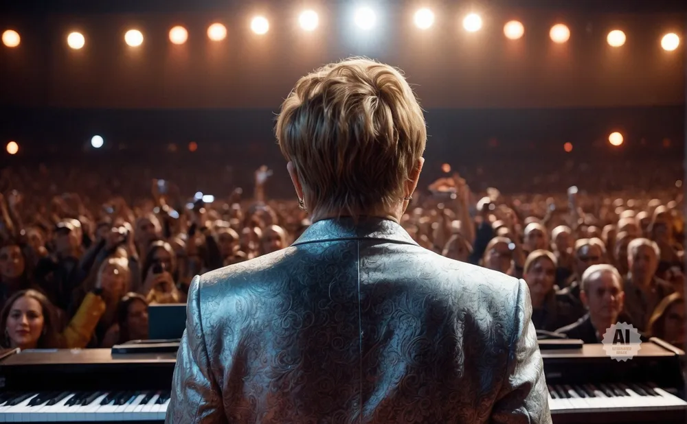 Pianist in ornate jacket faces large, cheering crowd under stage lights.