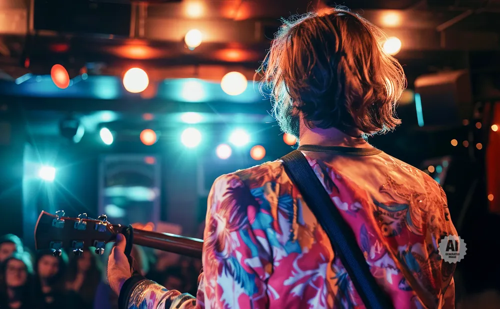 A guitarist in a colorful shirt plays on a stage lit by blue and orange lights, facing away from the camera.