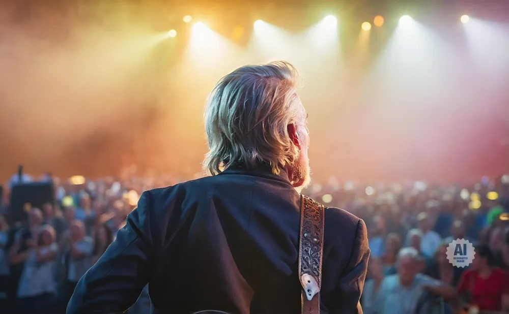 Man with blond hair on stage, back to camera, facing a large, blurred crowd under stage lights.