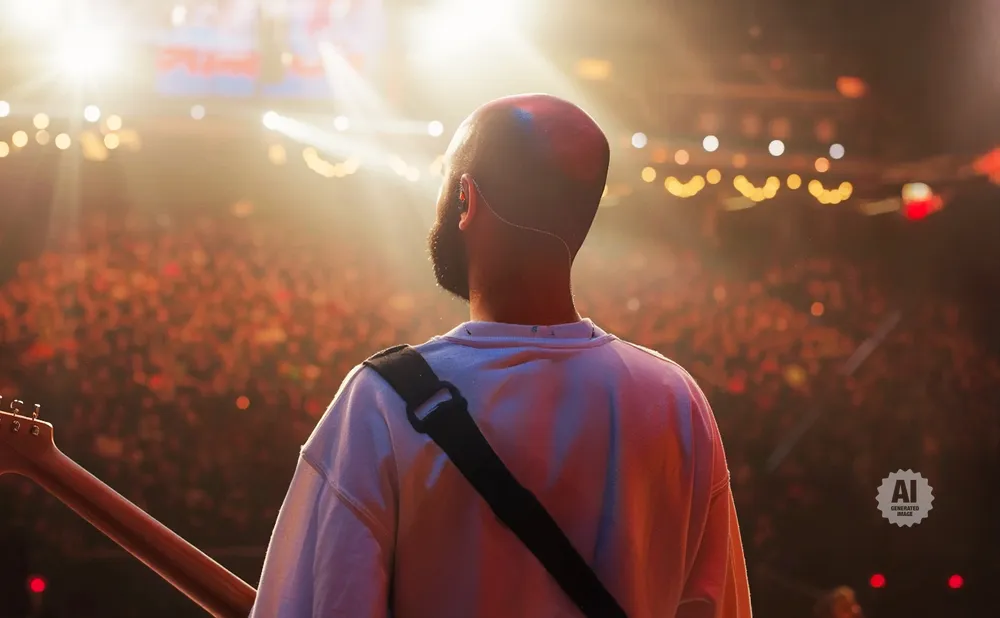 Guitarist facing a large, blurred crowd under stage lights.