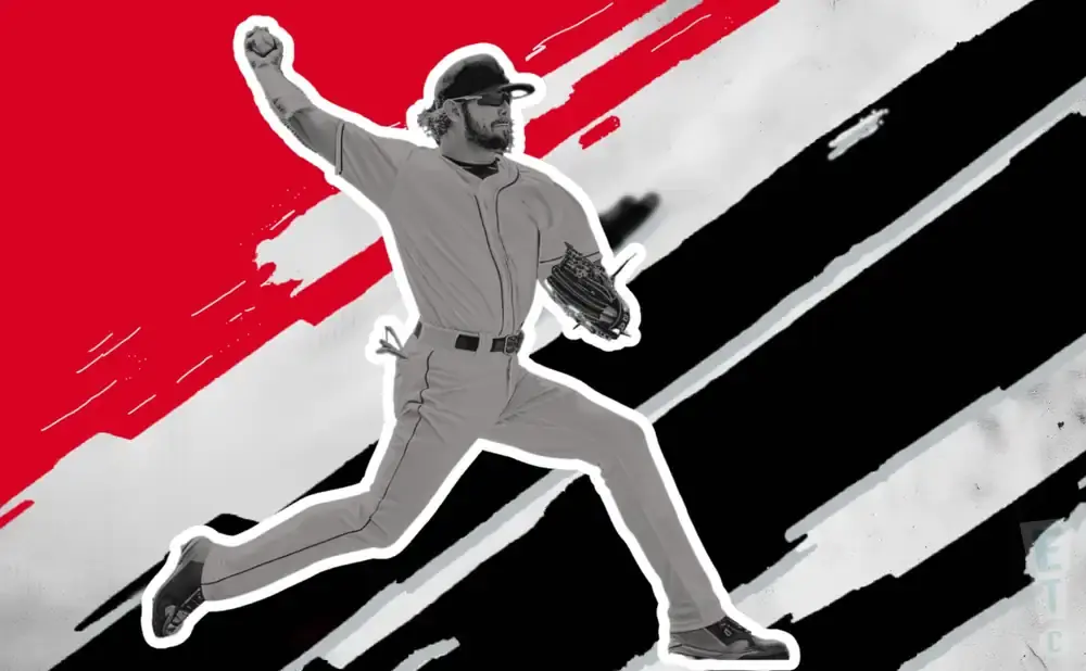 A baseball pitcher in mid-throw against a red and black abstract background.