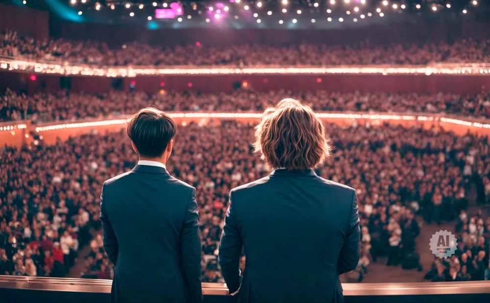 Two men in suits stand on a stage, facing a large, cheering audience in a theater.