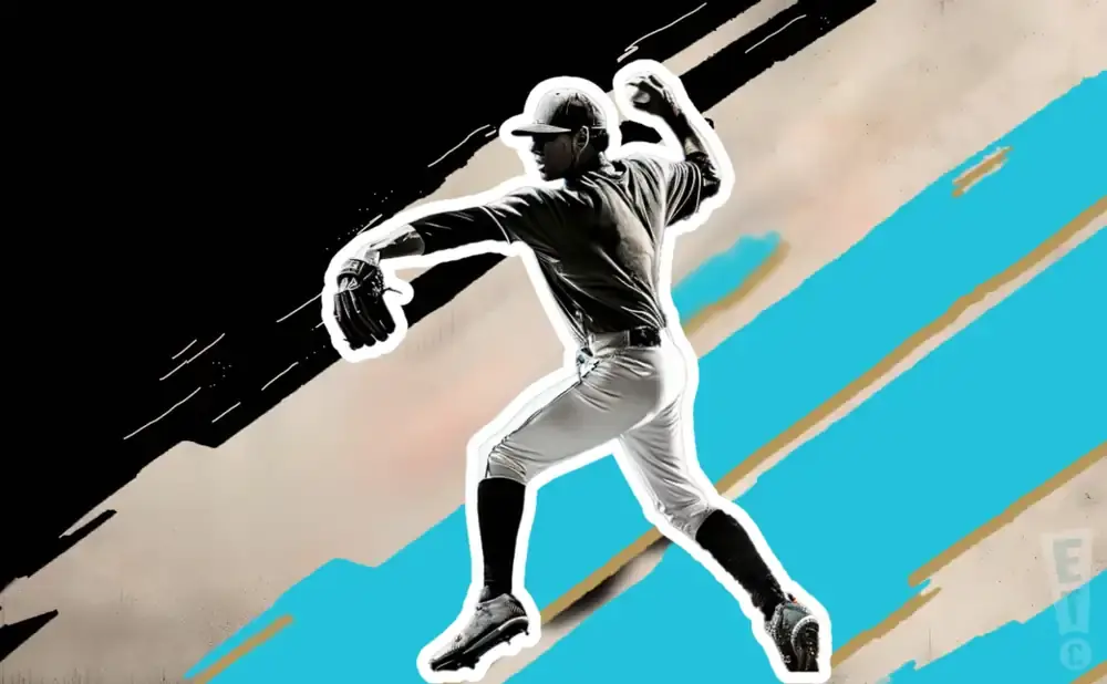 A baseball pitcher in mid-throw against a background of abstract black, tan, and teal shapes.