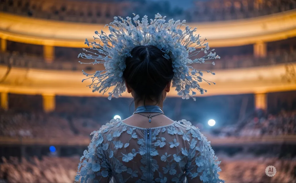 A woman in a detailed white floral dress and crown stands with her back to the camera, facing a blurred, glowing audience.