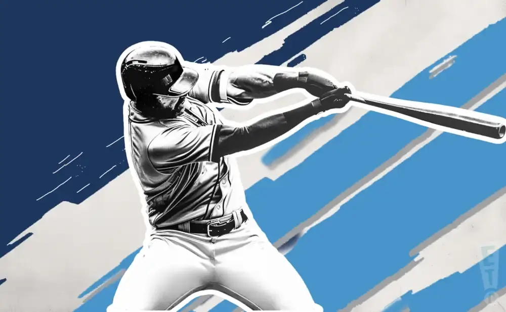 A baseball player in mid-swing, silhouetted against a blue and white abstract background.