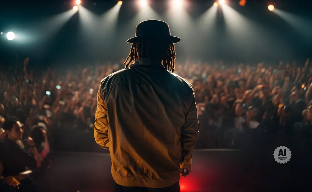 Back view of a person in a hat on a stage with a cheering crowd and stage lights.