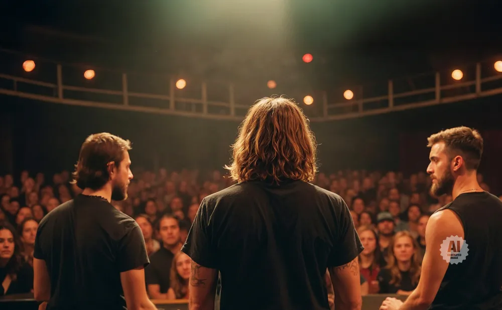 Three men on stage face a large audience in a dimly lit concert hall with stage lights overhead.
