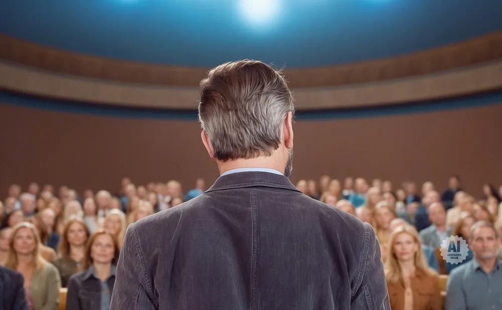 Man in a suit facing an audience in an auditorium, with a bright light above.
