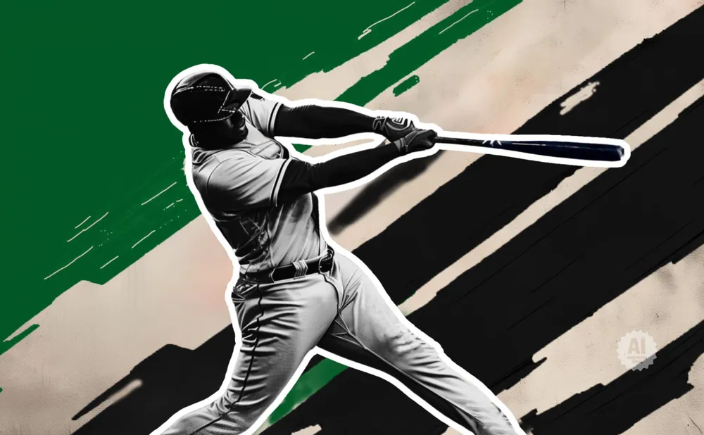 Baseball player swings bat against a backdrop of green and black stripes.