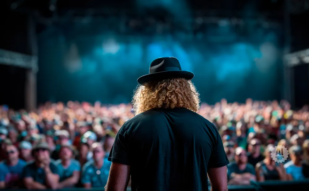 A man with curly blonde hair and a hat faces a blurred audience at a concert.