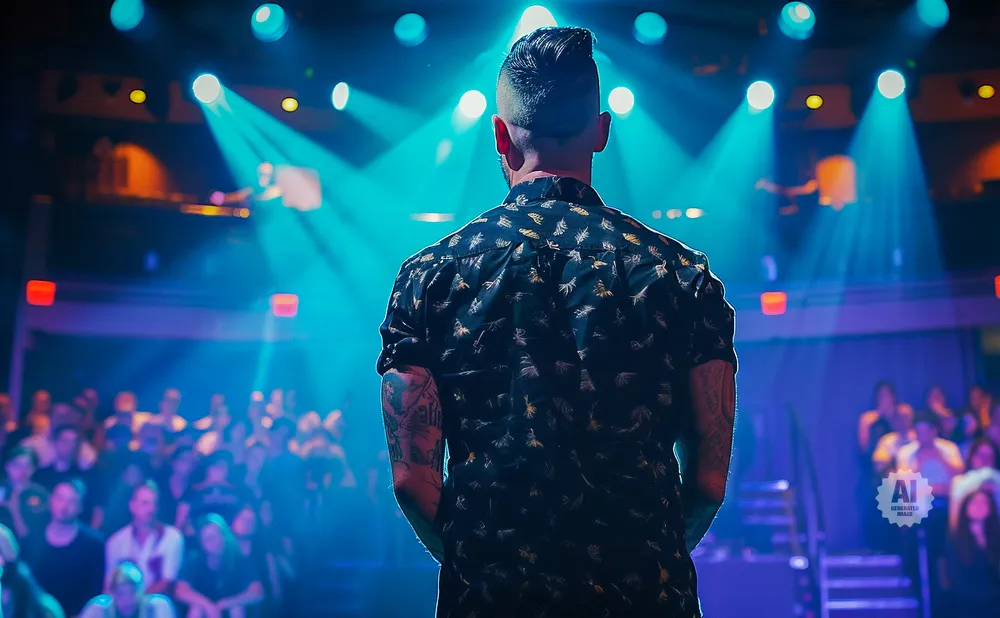 A man with a tattooed arm stands with his back to the camera on a stage, facing a crowd under blue spotlights.