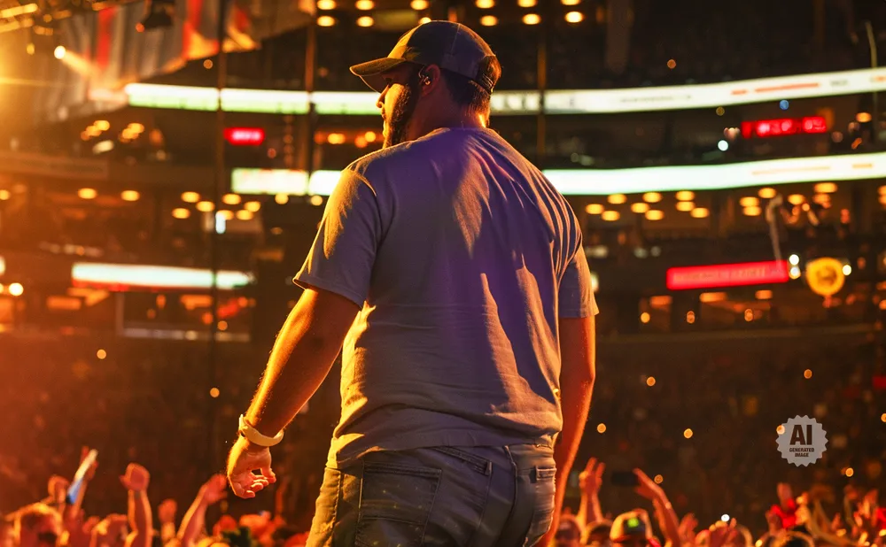 Man in a cap and t-shirt on stage, facing away from the camera, with a cheering crowd in the background.