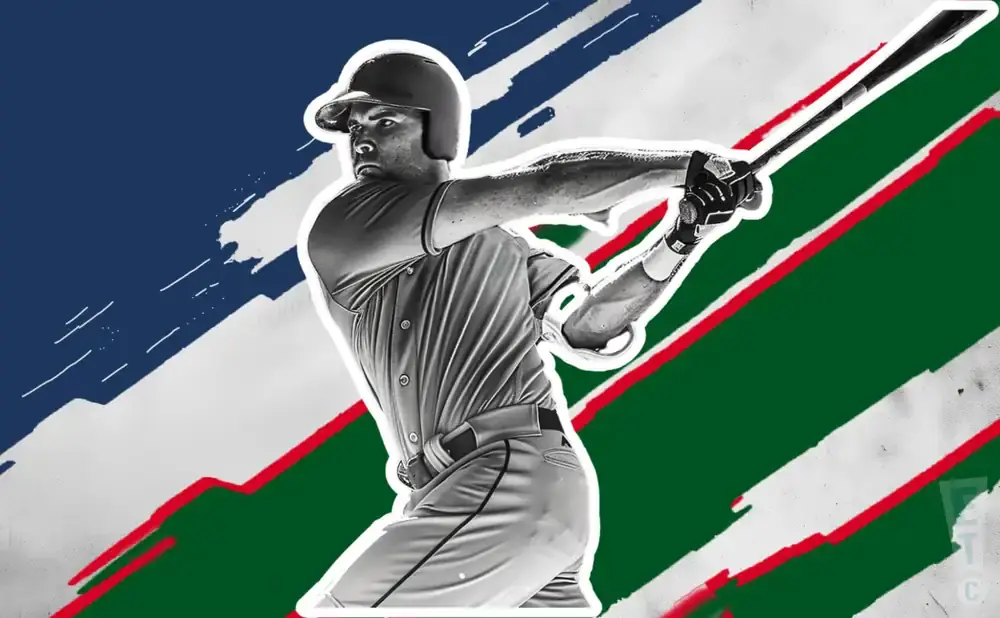 A baseball player swings a bat against a backdrop of green, red, and blue stripes.