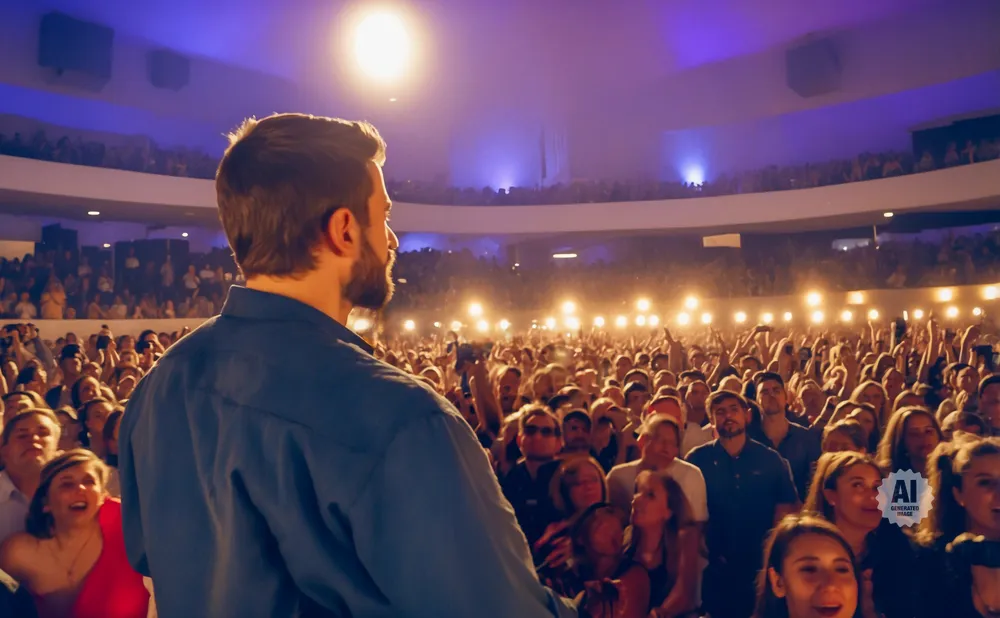 Man in blue shirt addresses a large crowd in a concert hall with purple and yellow lighting.