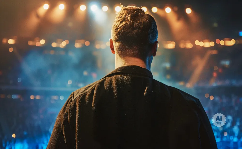 Man in black jacket facing a crowd with stage lights.