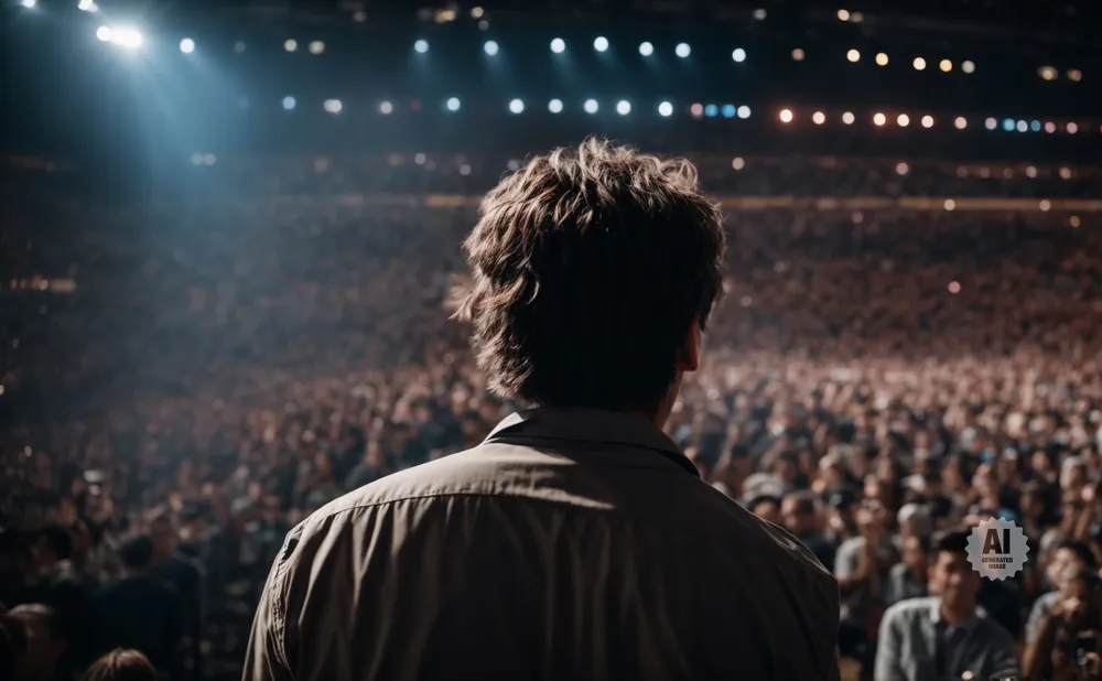 Man in khaki shirt faces away from camera, looking at a large, dimly lit crowd in an arena.