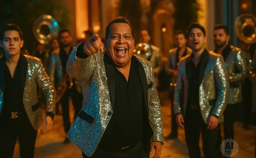 A man in a sparkly gold jacket points forward, smiling with his mouth open, as a band plays behind him.