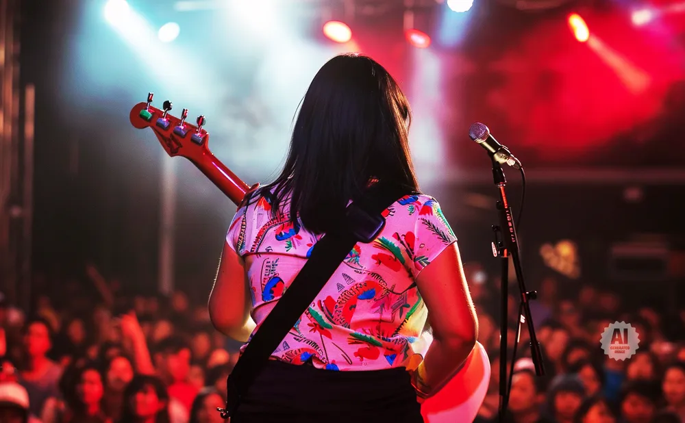Woman with red guitar on stage in front of a cheering crowd, bathed in colorful stage lights.