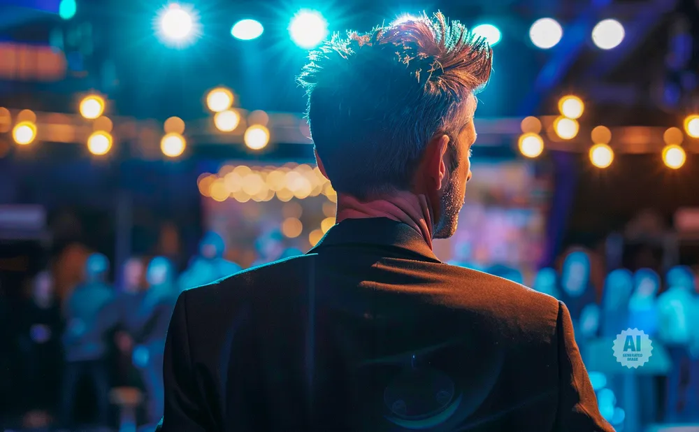 Man in a suit faces a blurred crowd under bright blue and orange lights.