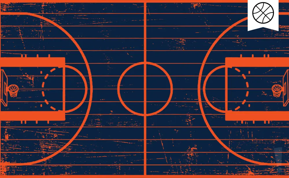 A basketball court with orange lines on a navy blue, distressed background. A basketball icon is in the top right corner.