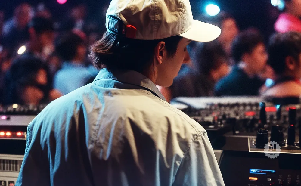 Person wearing a cap and light-colored shirt, seen from behind, operating DJ equipment in a crowded, dimly lit venue.