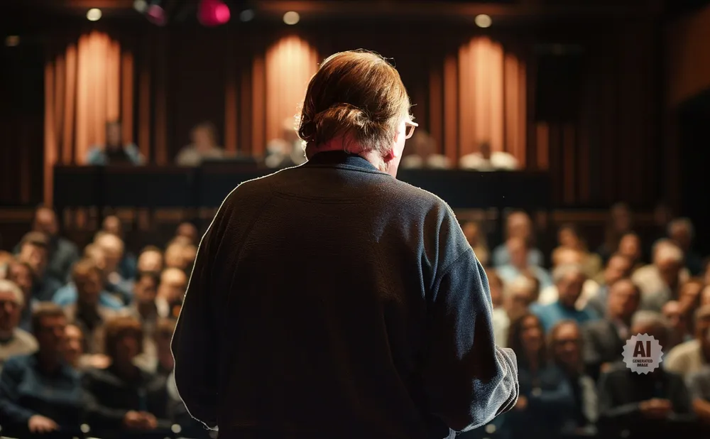Speaker addressing an audience from behind, with blurred figures in the background.