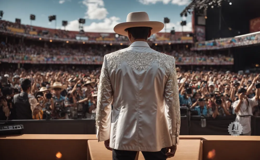 A performer in a white sequined jacket and hat faces a large, cheering audience at an outdoor concert.