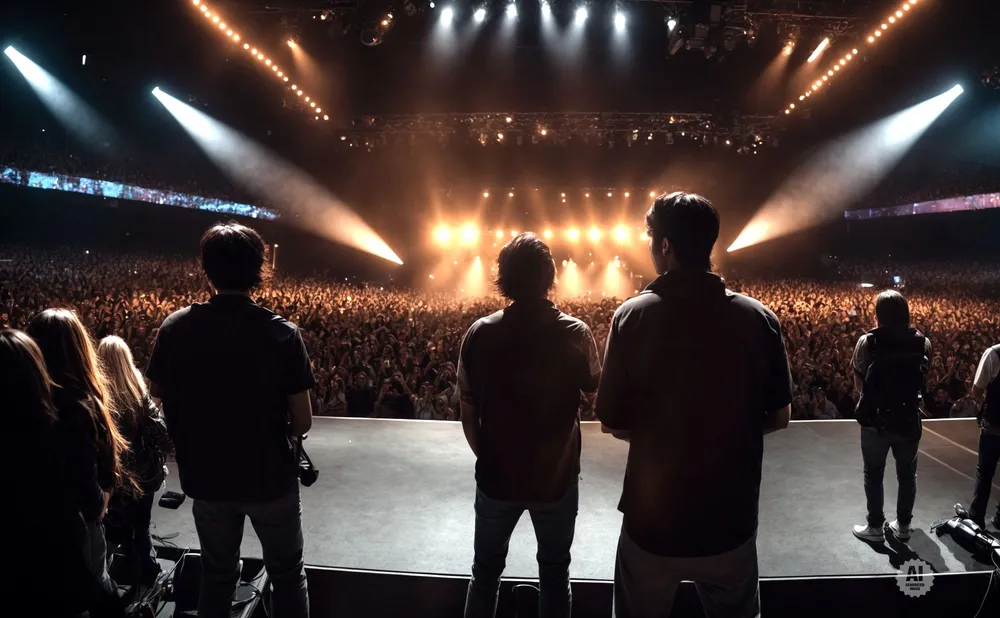 Backs of people on stage facing a large, cheering crowd under bright stage lights.