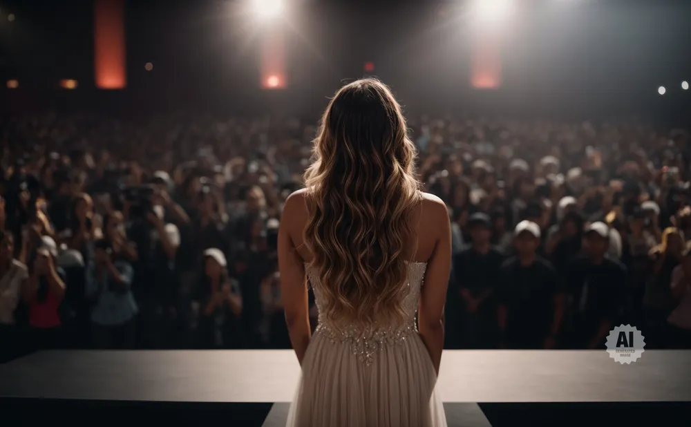 A woman in a white dress stands on a stage, facing a large, cheering audience in a dimly lit venue.