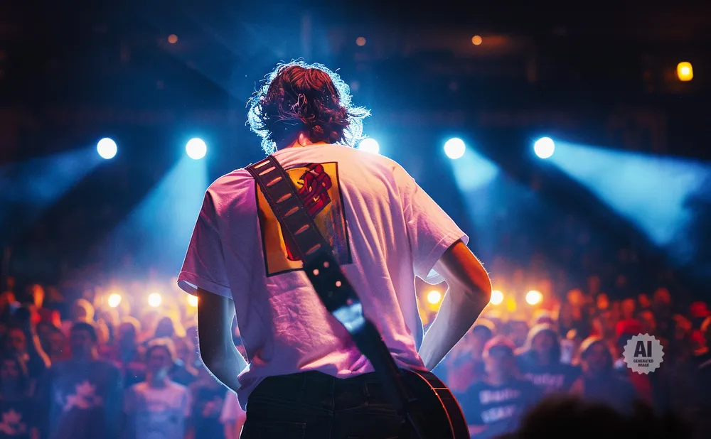 Musician playing guitar on stage, bathed in blue and pink lights, with an audience in the background.