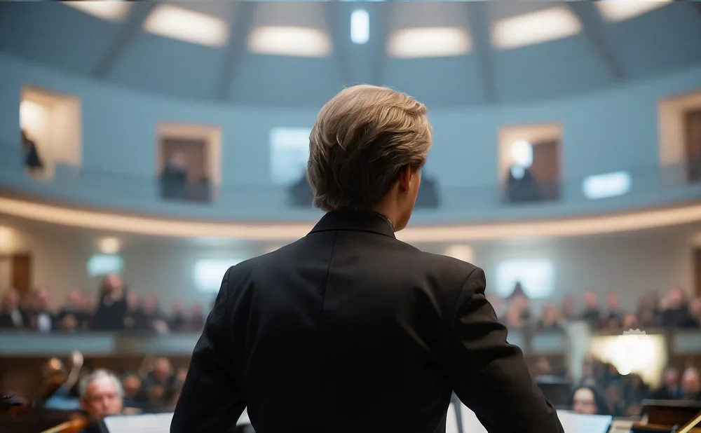 Conductor in a black suit faces an orchestra and audience in a circular concert hall.