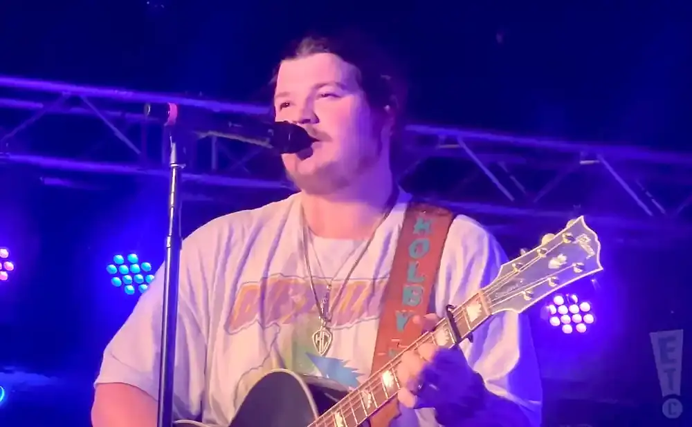 A man with a mustache sings into a microphone while playing a guitar on stage under blue and purple lights.