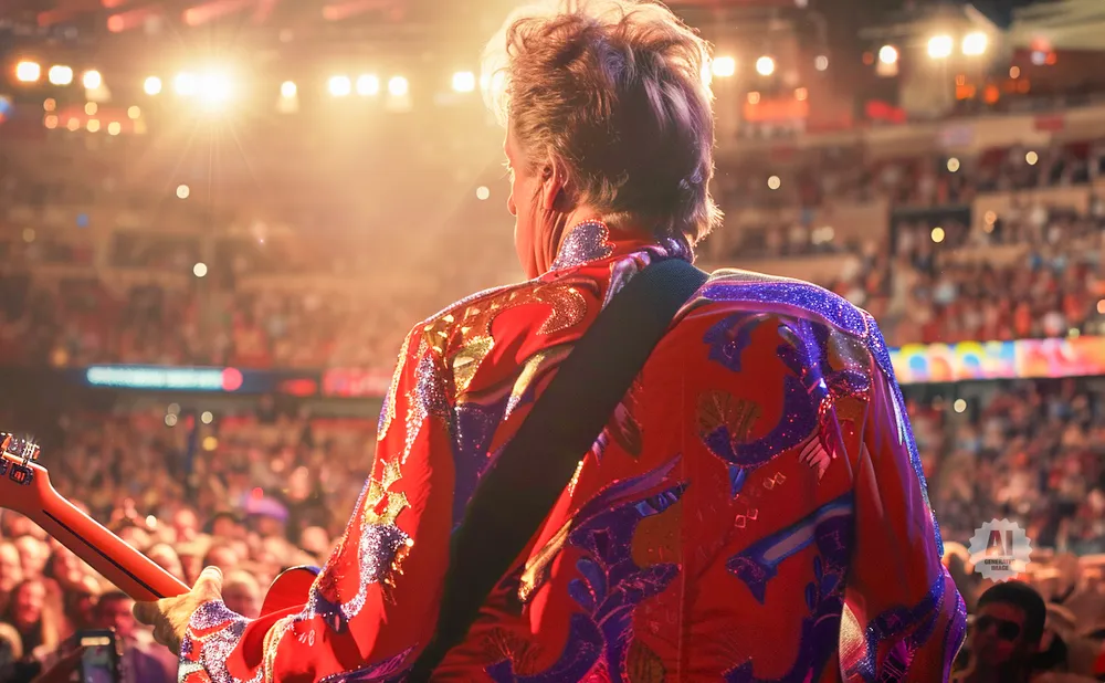 A man in a sequined red jacket plays guitar on stage in front of a large, cheering audience.