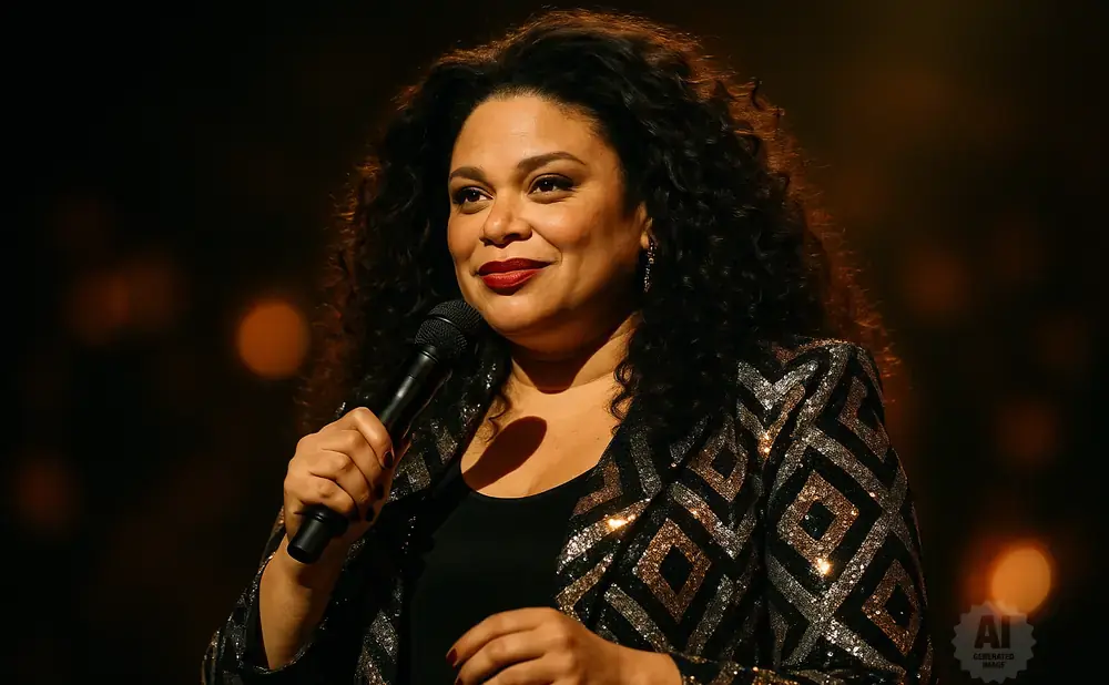 A Black woman with curly hair, wearing a sequined jacket, holds a microphone and smiles.