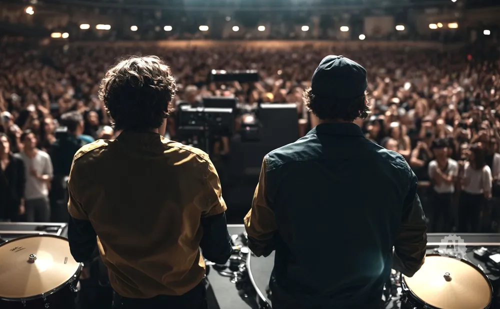 Two musicians on stage facing a cheering crowd, with drums in the foreground.