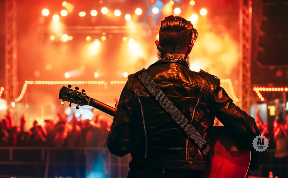 Musician playing guitar on stage with red lights and a blurred crowd in the background.
