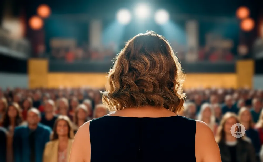 Woman with wavy hair addresses a large, blurred audience from behind.