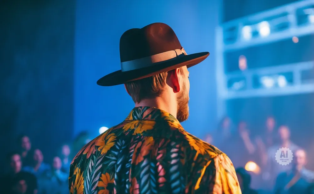 Man wearing a fedora and a floral shirt, seen from behind, facing a blurred audience.