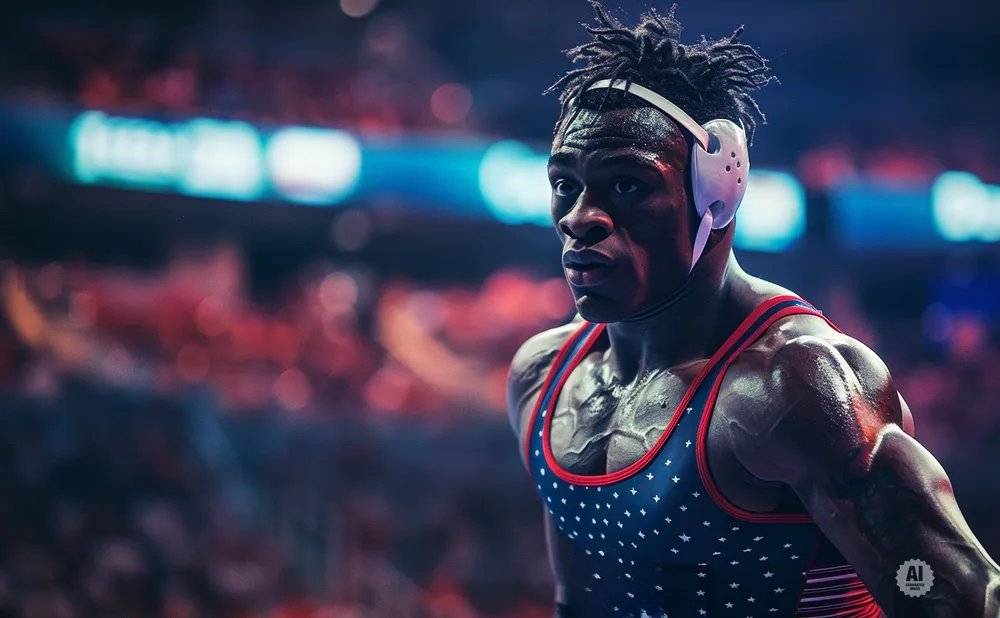 A Black wrestler in a starry singlet and headgear looks intensely to the side in a blurred arena.