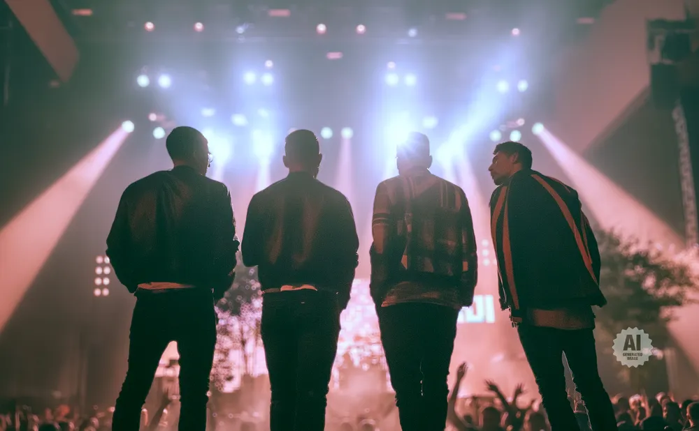 Four men in silhouette stand facing a brightly lit stage at a concert, with a crowd in the foreground.