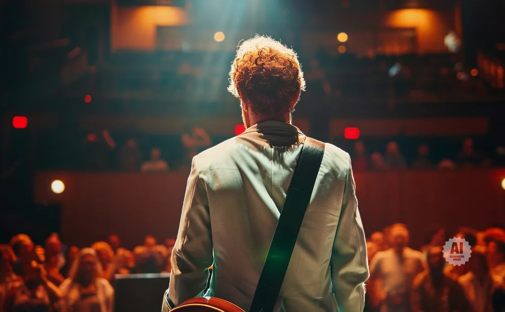 Back view of a guitarist in a light suit on stage with a guitar, facing a cheering audience.