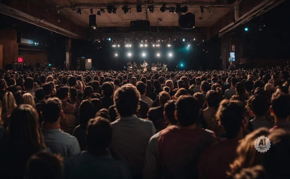 A band performs on a brightly lit stage to a large, dark crowd in an indoor venue.