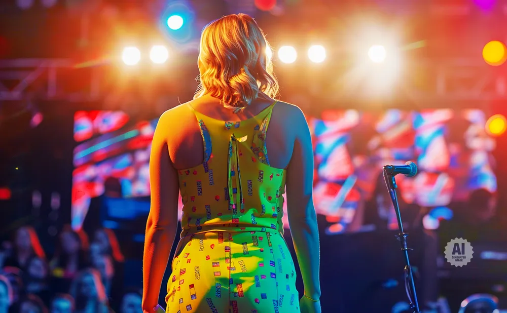 A woman with blonde hair stands facing a brightly lit stage with a microphone in the foreground.