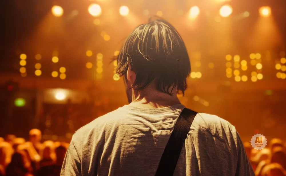 Person with dark hair facing away from camera at a concert with stage lights and crowd.