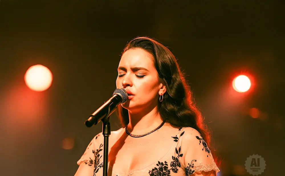 Singer performs into a microphone on stage, bathed in warm, red stage lights.