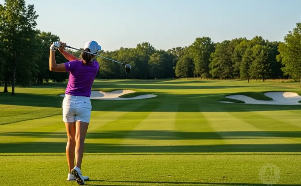 A woman in a purple shirt and white shorts swings a golf club on a sunny course.